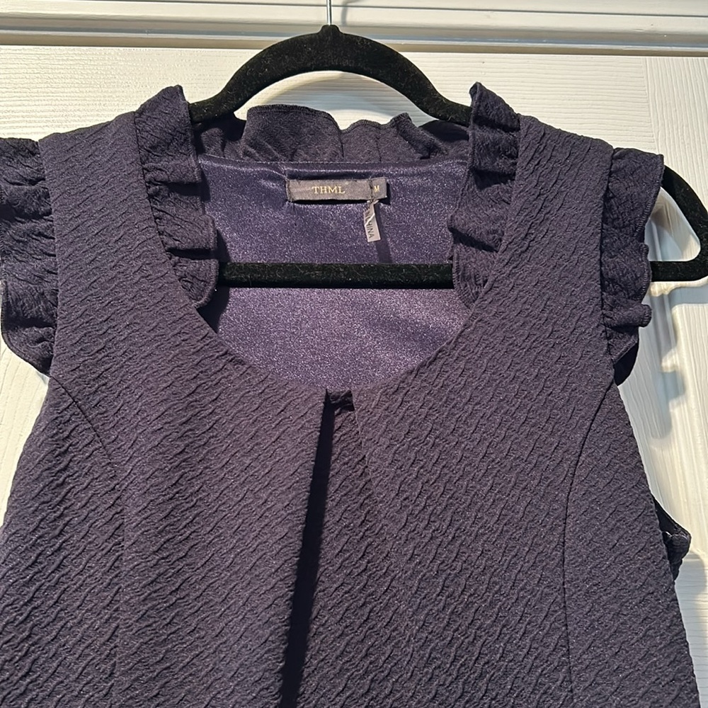 👗THML Chessie Textured Navy Sleeveless Ruffle Neck Midi Dress Stitch Fix - Picture 16 of 16